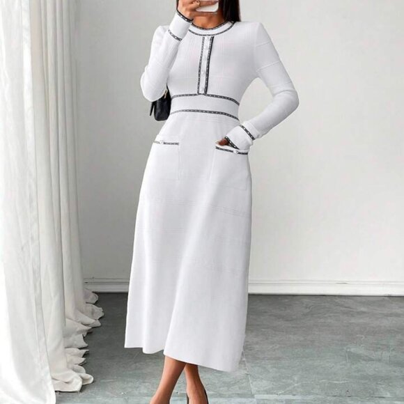 Classic Elegant Waisted Round Neck Sweater Dress - Picture 4 of 6
